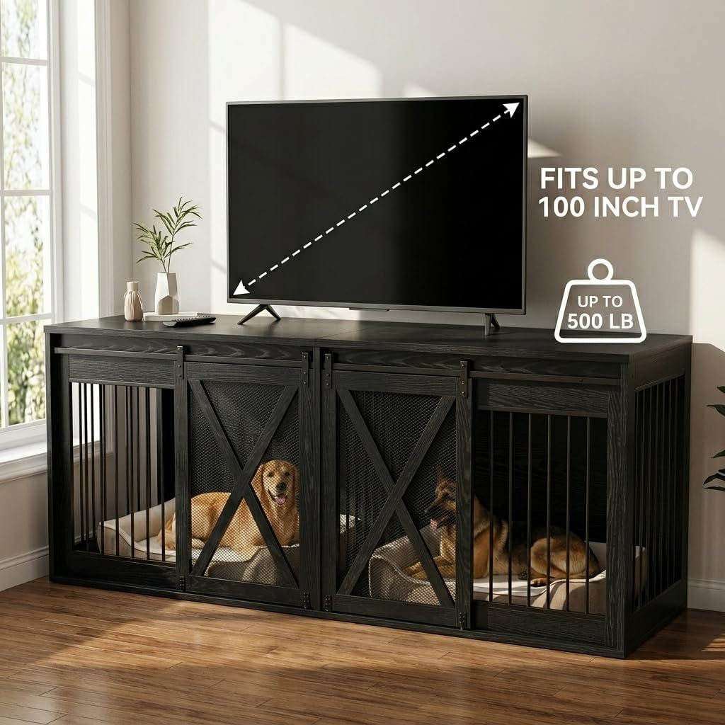 94 Inch Double Dog Crate Furniture for 2 Large Dogs, Dog Kennel TV Stand Large Breed, Farmhouse Dog Cage Furniture with Center Divider, XXXL Dual Dog Crate Entertainment Center, Black