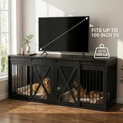 94 Inch Double Dog Crate Furniture for 2 Large Dogs, Dog Kennel TV Stand Large Breed, Farmhouse Dog Cage Furniture with Center Divider, XXXL Dual Dog Crate Entertainment Center, Black