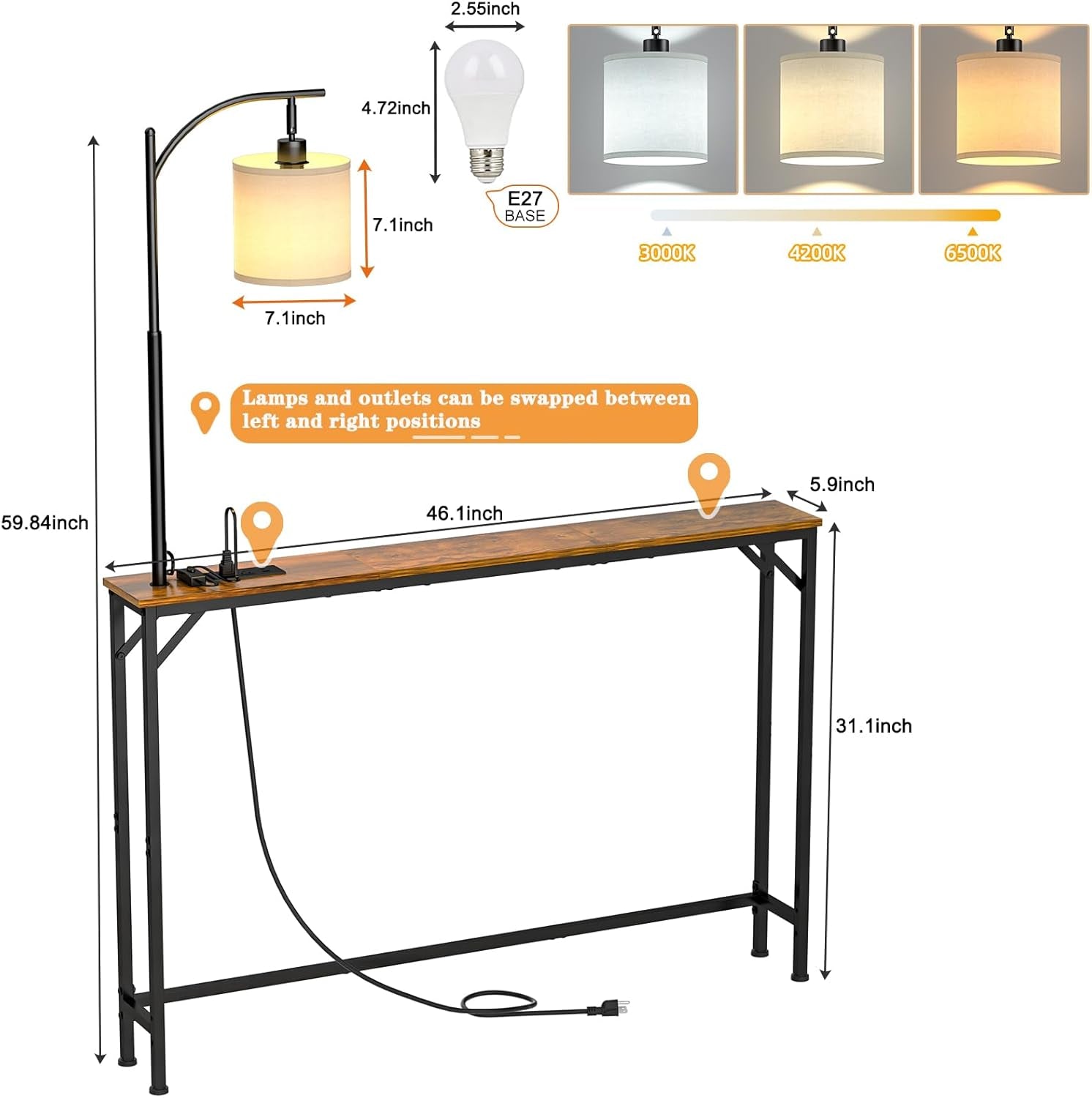 Skinny Console Table with Outlet, Narrow Sofa Table with 3-Color Light, behind Couch Table with 3 Color Temperatures Led Bulb for Living Room, Bedroom, Entryway, Hallway