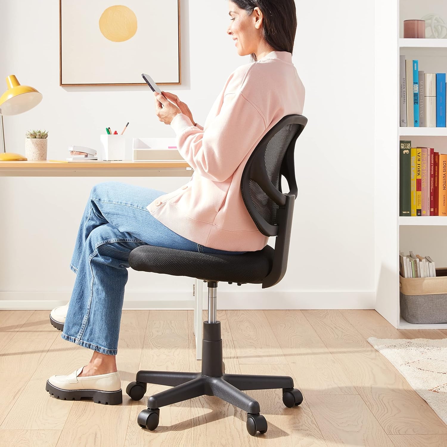 Rolling Desk Chair, Adjustable, Low Back, Padded Seat, Breathable Mesh, Swivel, Black, 21.25" D X 22.5" W X 38" H