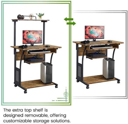 3 Tiers Rolling Computer Desk with Keyboard Tray and Printer Shelf for Home Office, Mobile Computer Desk for Small Space, Retro Computer Table Compact PC Laptop Workstation, Rustic Brown