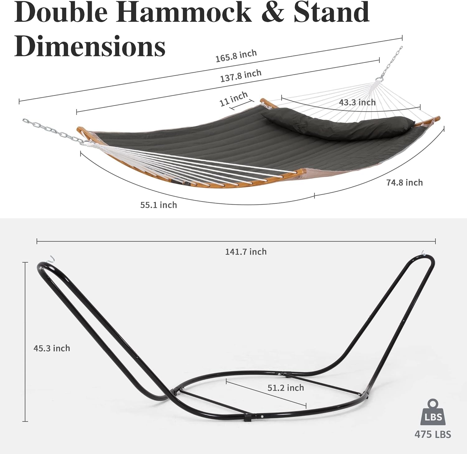 Double Hammock with Curved Spreader Bar, Hammock with Stand Included 2 Person, Patent Pending, Dark Gray