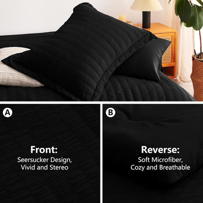 King Size Comforter Set Black Seersucker 7 Pieces Bed in a Bag King Comforter Set with Sheets, Luxury Soft Bedding Sets with down Alternative Comforter, Sheets, Pillowcases & Shams All Seasons