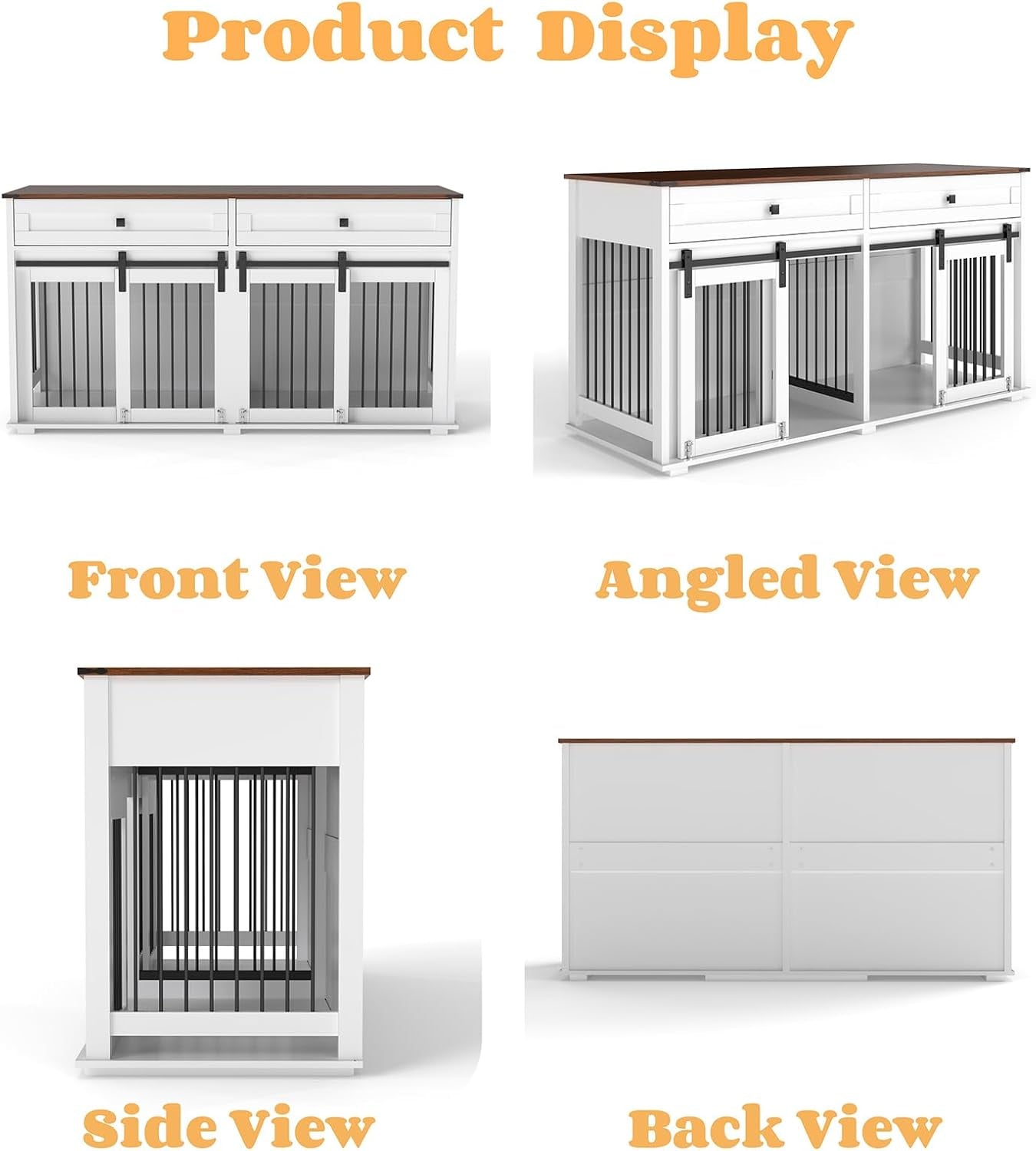 63'' Double Dog Crate Furniture for 2 Dogs, XXL Wooden 2 Dog Kennel, Wooden Dog Kennel with 2 Drawers,Divider and Sliding Door, Indoor Furniture Style Dog Crate End Table, White