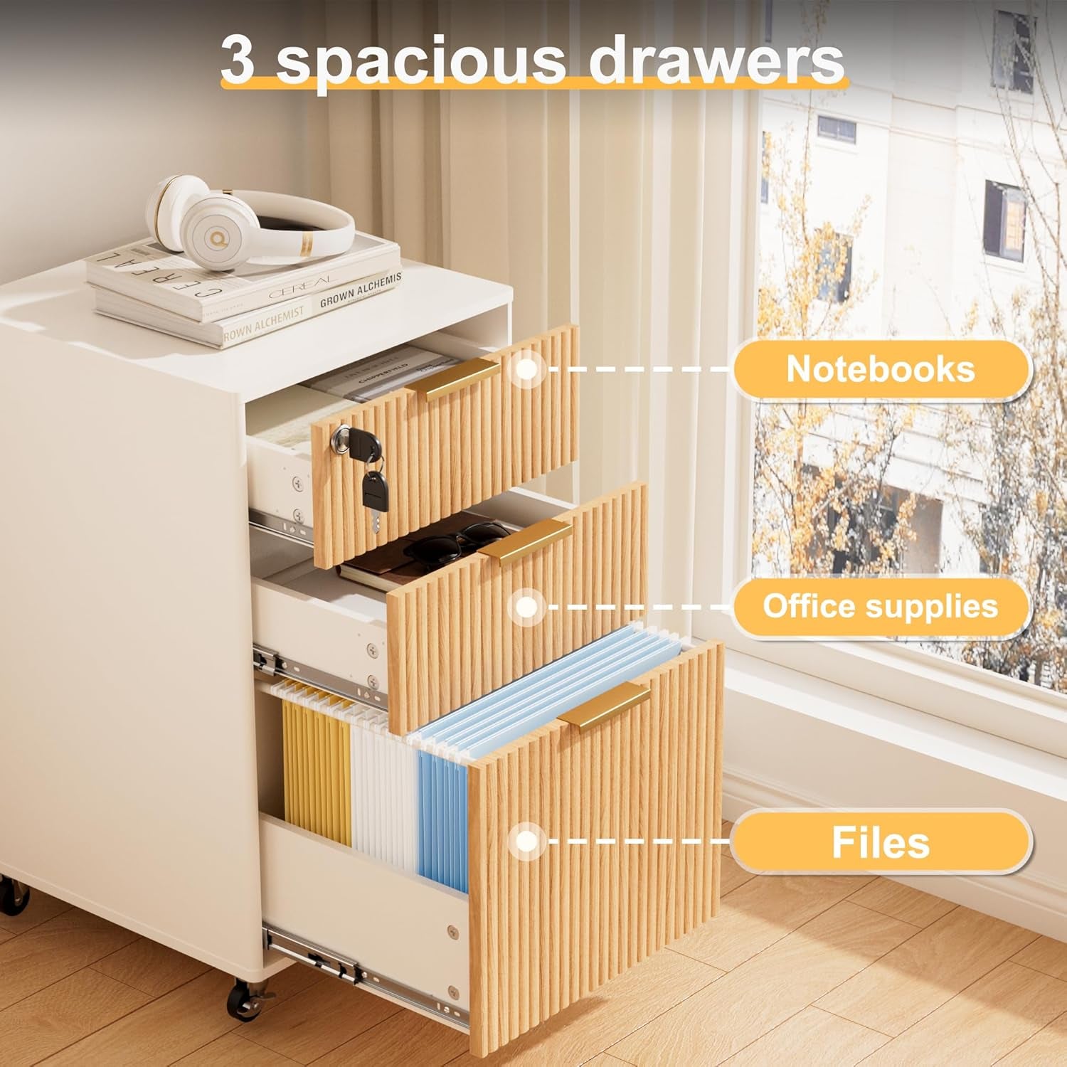 3 Drawers Fluted Mobile File Cabinet with Lock, Rolling File Cabinet Printer Stand Table, under Desk Wooden Filing Cabinets for Home Office Essentials Storage Organization Furniture Letters/A4(Oak)