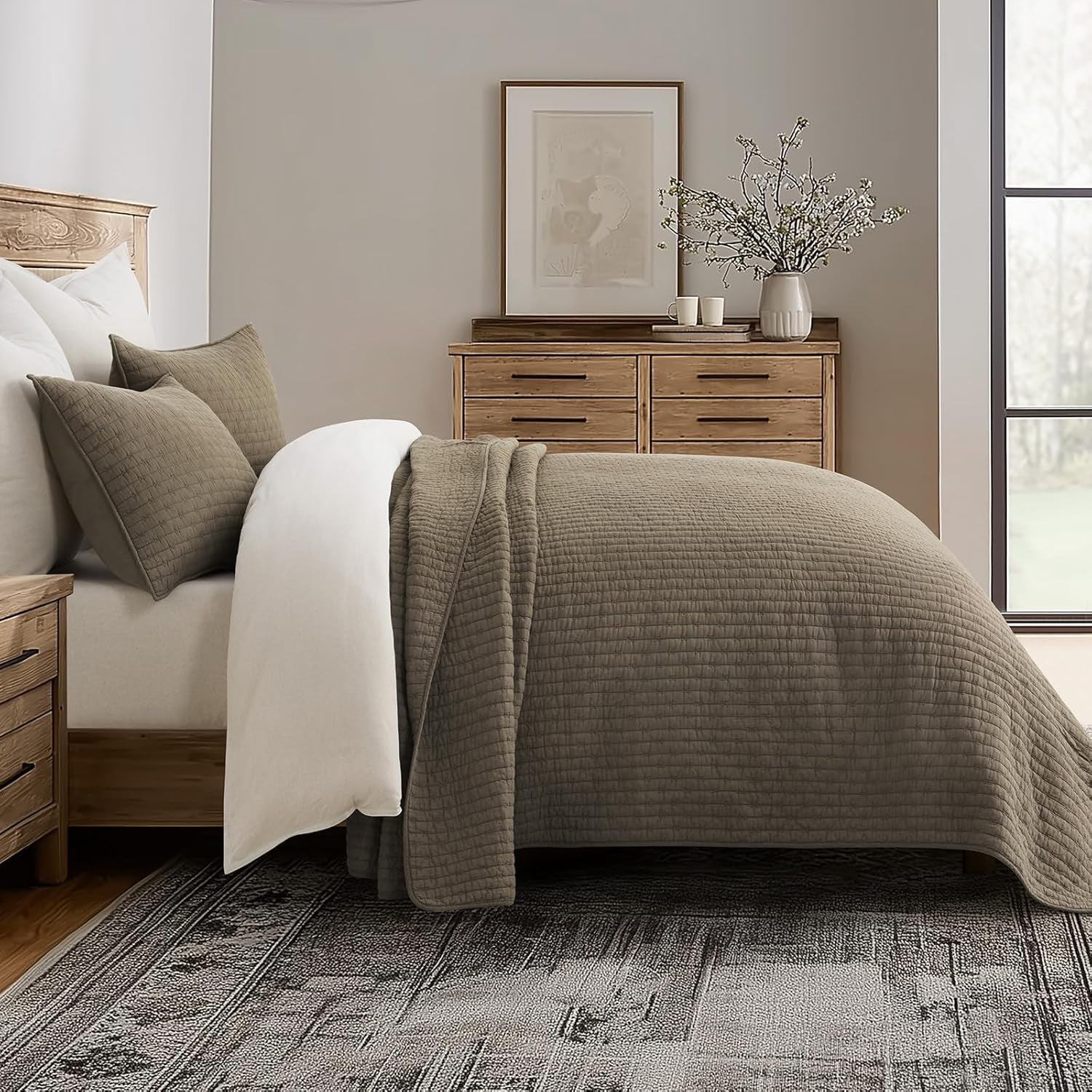 EVERGRACE Cross Stitch Pre-Washed Cotton Quilt Bedding Set King Size, Oversized 3 Pieces Lightweight Bedspread Coverlet for All Season, with 2 Matching Shams, Mocha Brown, 108"X96"