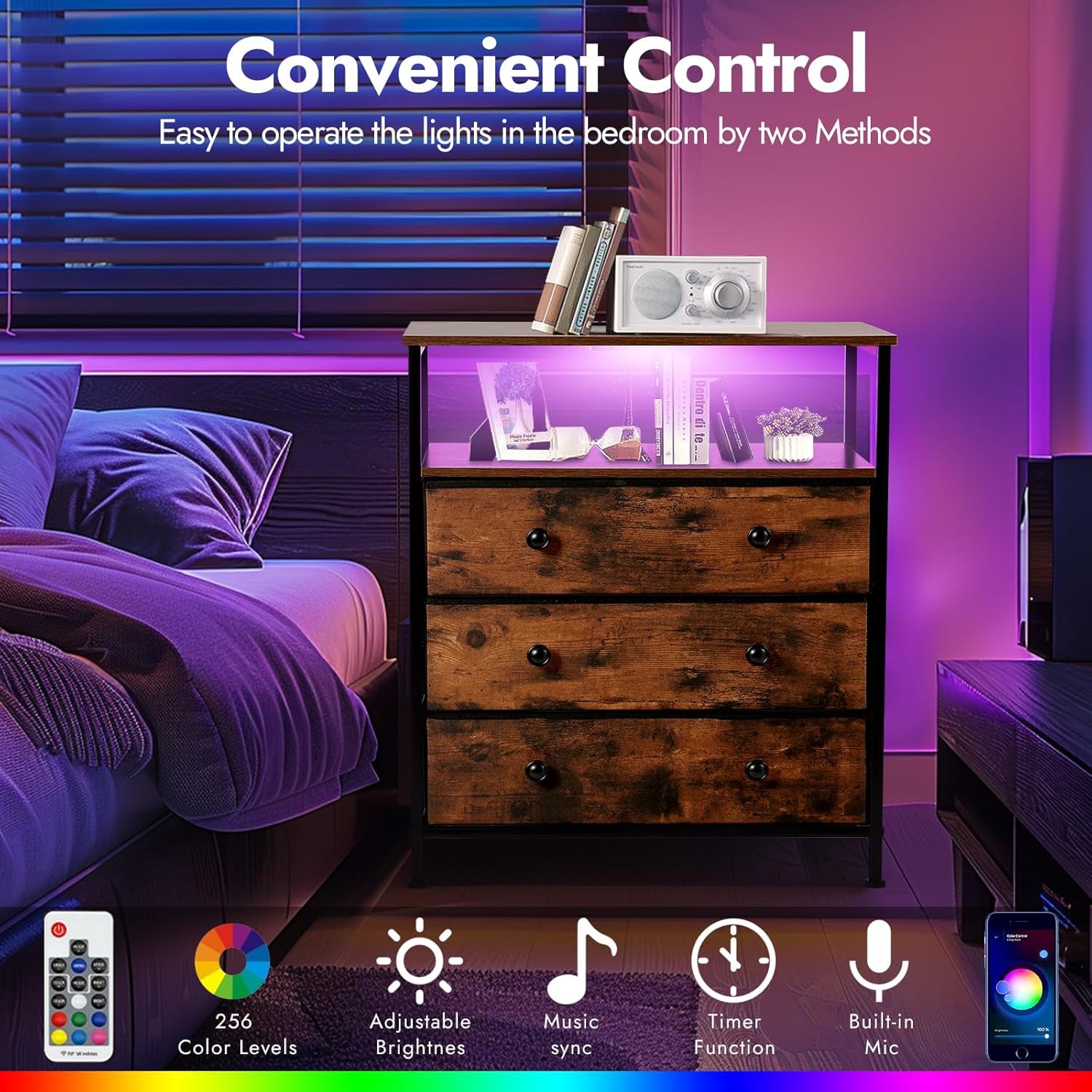 3 Drawers Dresser with Charging Station, 24 Inch Wide LED Night Stand with Adjustable Fabric Drawer, Nightstand with Storage Shelf for Living Room/Bedroom/Office, Rustic Brown.