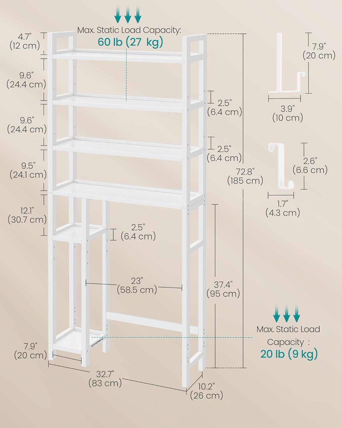 over the Toilet Storage, 4-Tier over Toilet Bathroom Organizer with Adjustable Shelves, 26 X 83 X 185 Cm, Space-Saving, Cloud White UBTS017W01