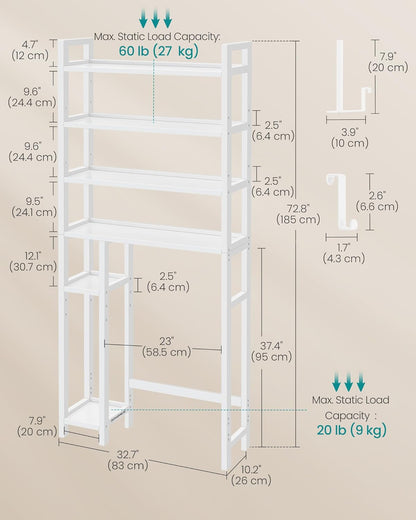 over the Toilet Storage, 4-Tier over Toilet Bathroom Organizer with Adjustable Shelves, 10.2 X 32.7 X 72.8 Inches, Space-Saving, Cloud White UBTS017W01