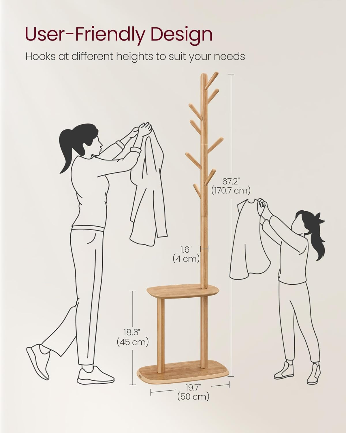 Coat Rack, Free Standing Coat Stand, Hall Coat Tree with 8 Hooks and Storage Shelf, 67.2 Inch Tall, for Coats, Hats, Bags, for Entryway, Hallway, Bedroom, Natural Beige URCR040N02