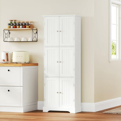 Tall Bathroom Storage Cabinet with 6 Doors, Freestanding Floor Cabinet with Adjustable Shelves, White Pantry Cabinet for Bathroom, Kitchen, Laundry Room