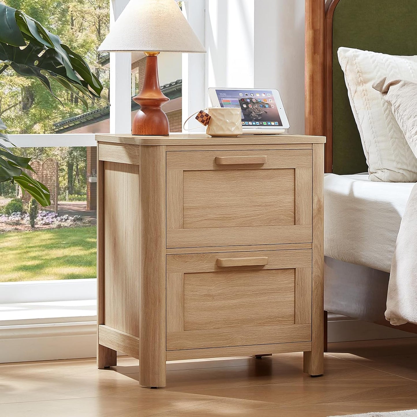 Farmhouse Nightstand with Charging Station, End Tables Bedroom with 2 Large Drawers & 4 Thickened Table Legs, Natural Wood