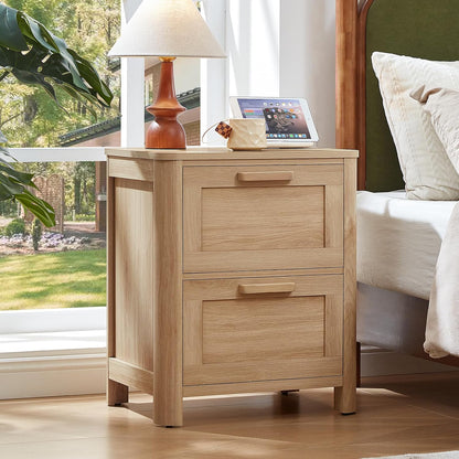 Farmhouse Nightstand with Charging Station, End Tables Bedroom with 2 Large Drawers & 4 Thickened Table Legs, Natural Wood