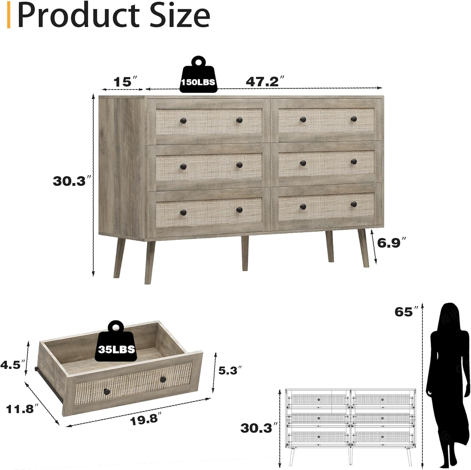 Dresser for Bedroom with 6 Drawer, Rattan Chest of Dressers, Wide Wood Double Dresser, Wooden TV Stand Closet Storage Furniture, Boho Small Clothes Organizer for Hallway, Living Room, Entryway, Grey