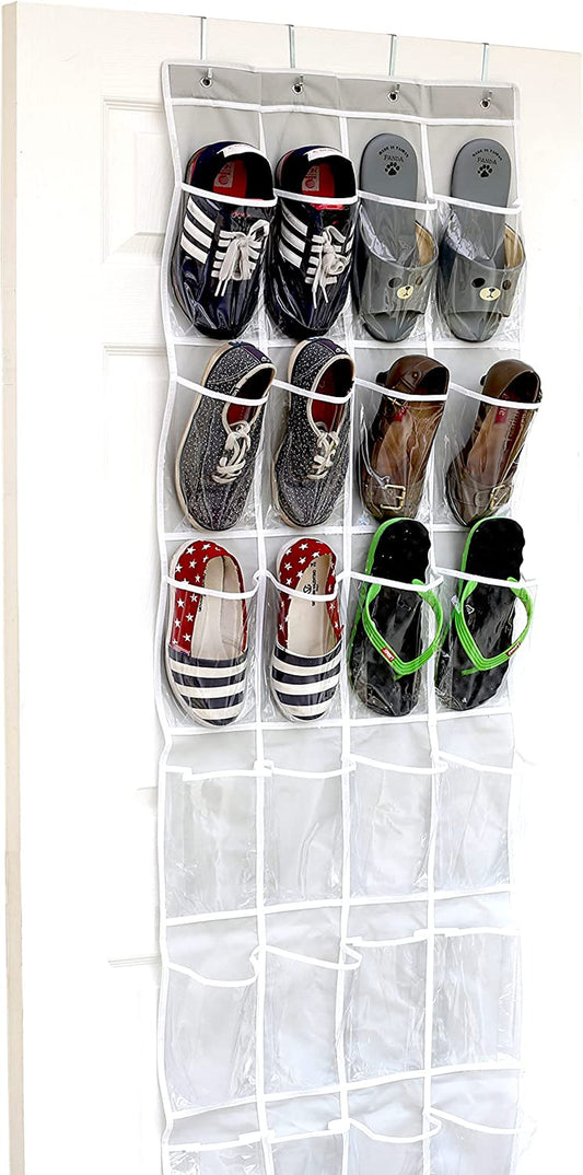 24 Pockets - Crystal Clear over the Door Hanging Shoe Organizer, Gray (64'' X 19'')