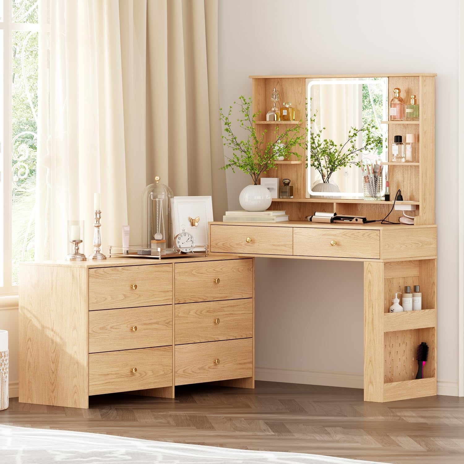 Large Makeup Vanity Desk with Mirror and Lights, Vanity Desk with 8 Drawers & Storage Shelves, Vanity Table with Power Outlet, 3 Color Modes & Adjustable Brightness Dressing Table, Bedroom,Oak