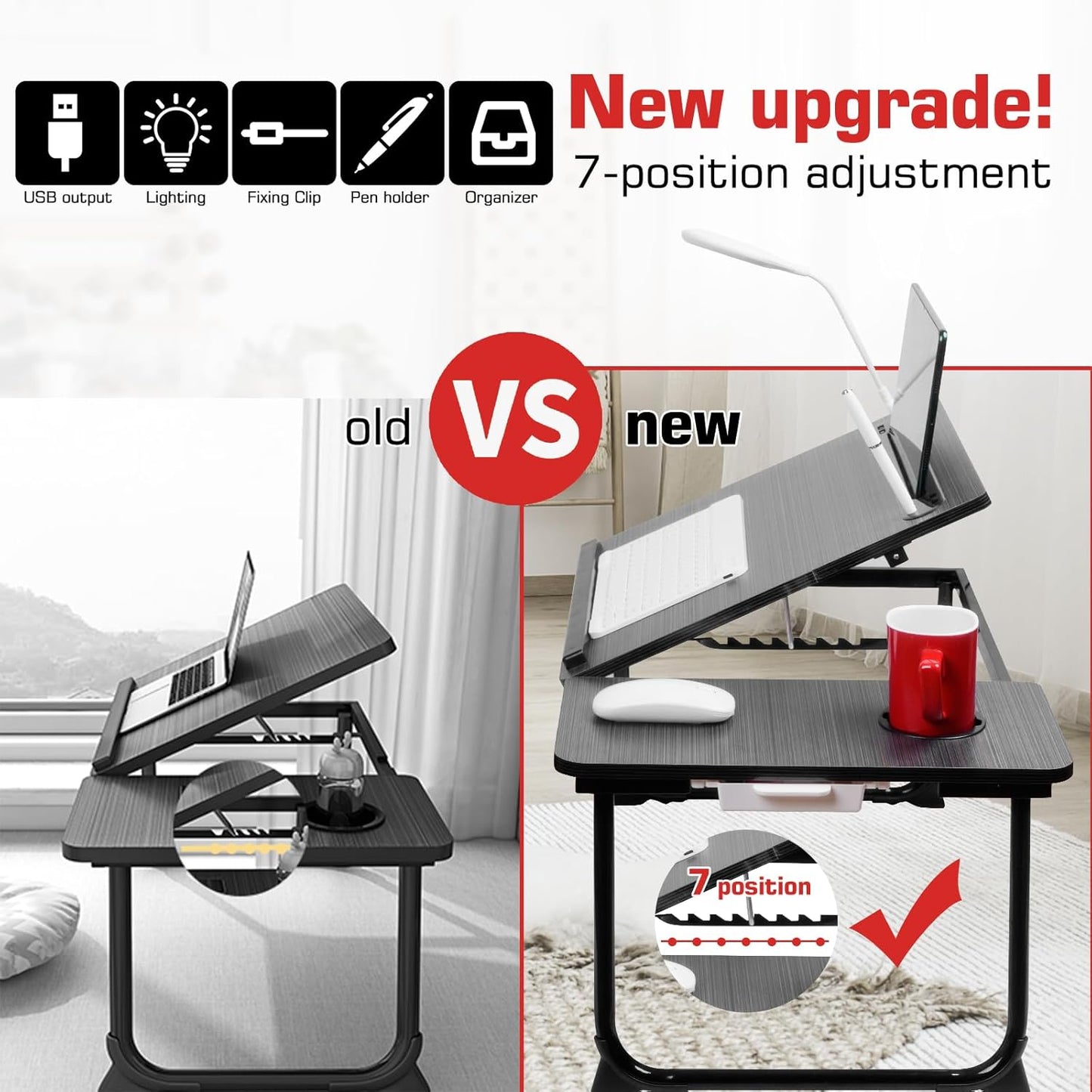 plus XL Adjustable Laptop Desk with Light, USB Port, Ipad Holder, Drawer Storage - Larger 23.6IN Adjustable Lap Desk for Bed, Home Office, Breakfast Tray, Fordable Legs Desk (Black)