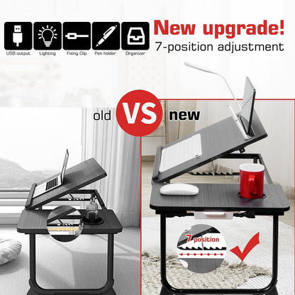 plus XL Adjustable Laptop Desk with Light, USB Port, Ipad Holder, Drawer Storage - Larger 23.6IN Adjustable Lap Desk for Bed, Home Office, Breakfast Tray, Fordable Legs Desk (Black)