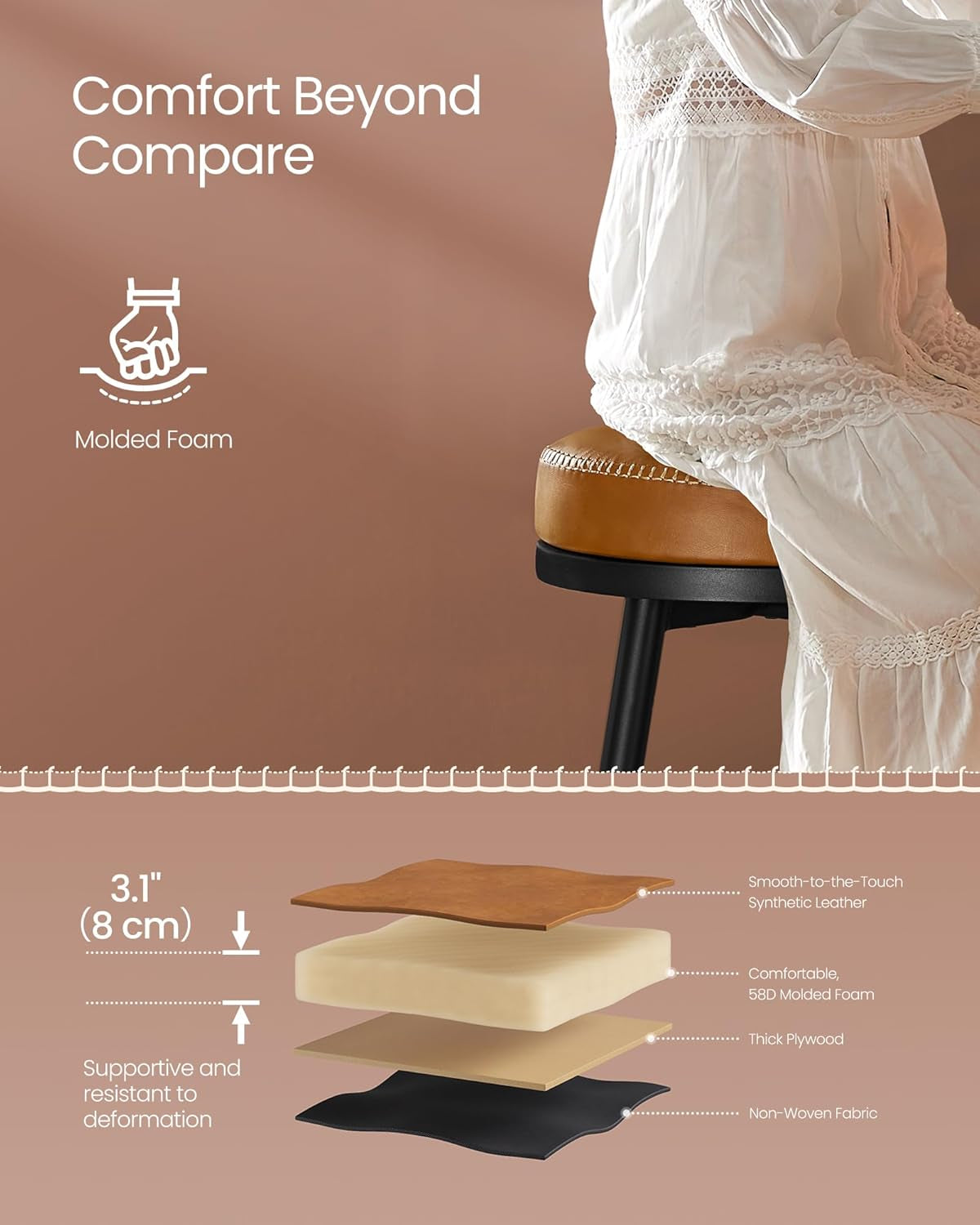 EKHO Collection - Swivel Bar Stools Set of 2, Bar Height Backless Bar Stools, Synthetic Leather with Stitching, Mid-Century Modern, 30-Inch Tall Kitchen Barstools for Home Bar, Caramel Brown
