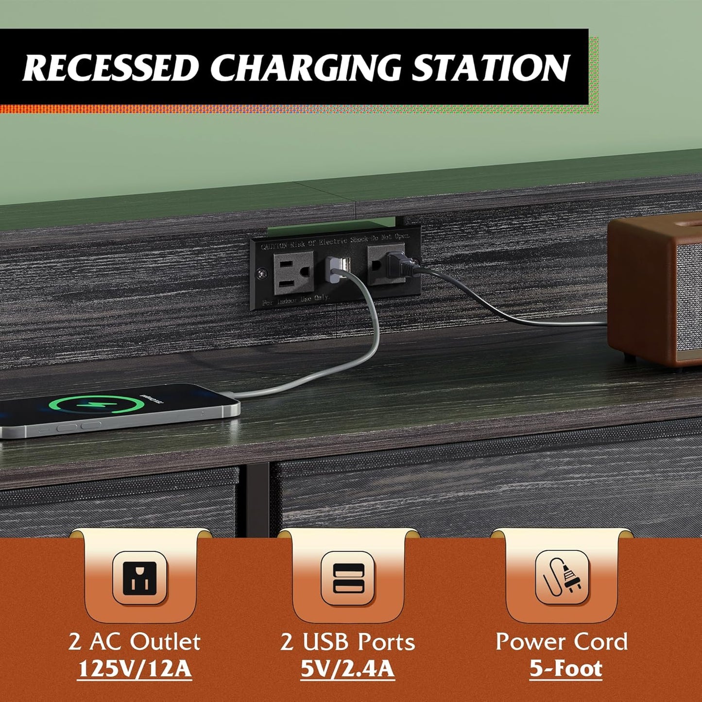 Black Dresser TV Stand for 45, 50, 55 Inch TV, Entertainment Center with LED Lights & Charging Station, Chest of Drawers with 9 Fabric Drawers and Open Shelves for Living Room, Hallway, Wood Top