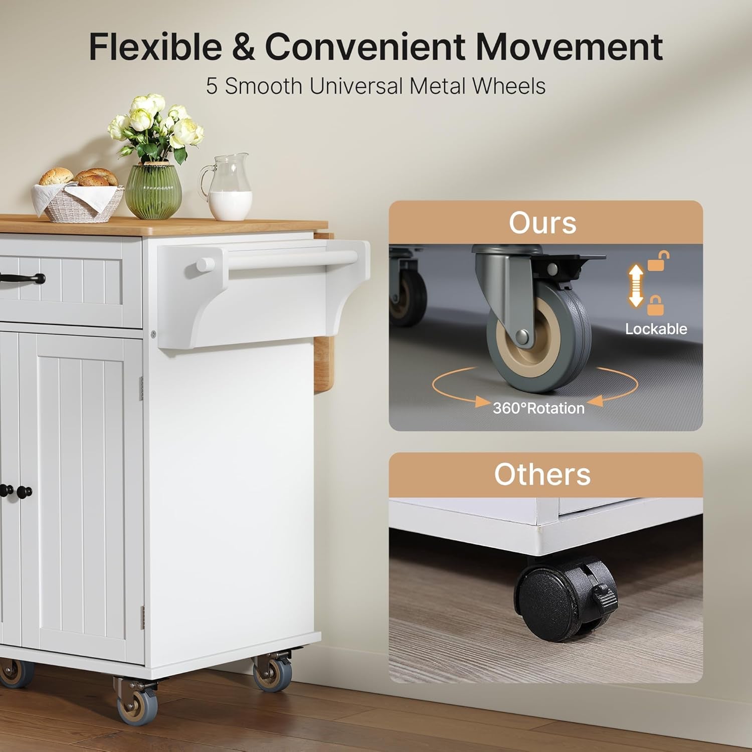 Kitchen Island with Storage, 44.49" Kitchen Island with Trash Can Storage, Drop Leaf Rubberwood Top, Knife Holder, Adjustable Shelf, Towel Bar, Drawer, Spice Rack, White