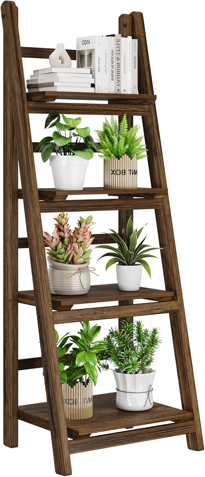 Ladder Shelves - Folding Wooden Ladder Bookshelf, 4-Tier Retro Plant Stand Storage Shelves for Home Living Room, Brown