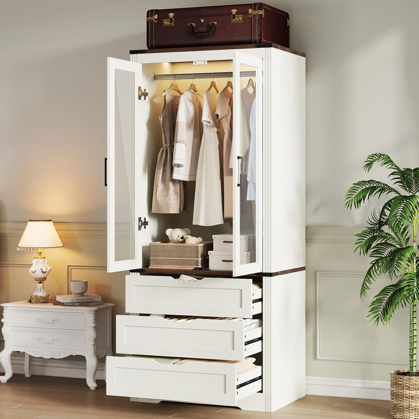 73'' Tall Farmhouse Armoire Wardrobe Closet with LED Light, Wood Wardrobe Closet with 2 Doors 3 Drawers, Freestanding Bedroom Armoire Clothing Storage Cabinet, Antique White