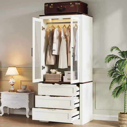 73'' Tall Farmhouse Armoire Wardrobe Closet with LED Light, Wood Wardrobe Closet with 2 Doors 3 Drawers, Freestanding Bedroom Armoire Clothing Storage Cabinet, Antique White