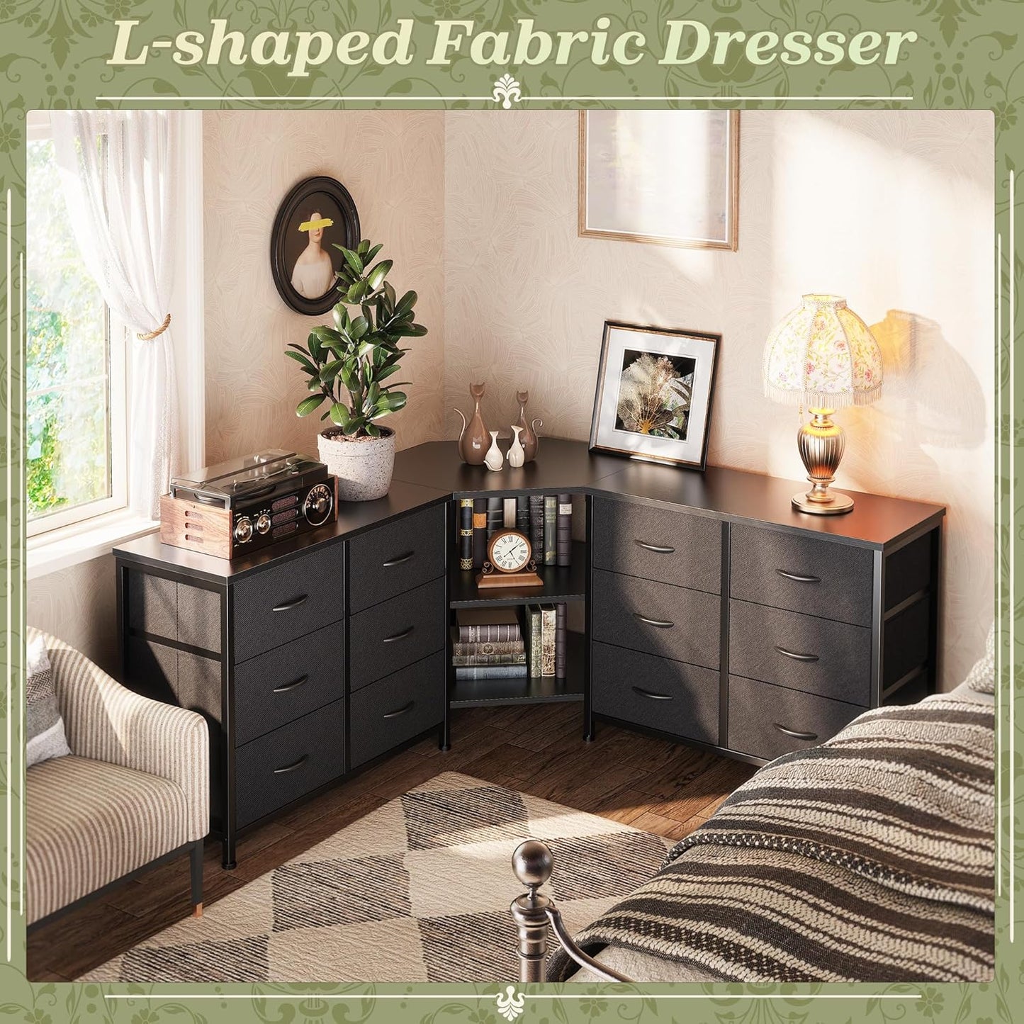 48 Inch Black Dresser for Bedroom, Corner TV Stand for 43, 55 Inch TV, L Shaped Chest of Drawer with Storage and Open Shelves, 12 Drawer Fabric Dresser for Closet, for Small Place