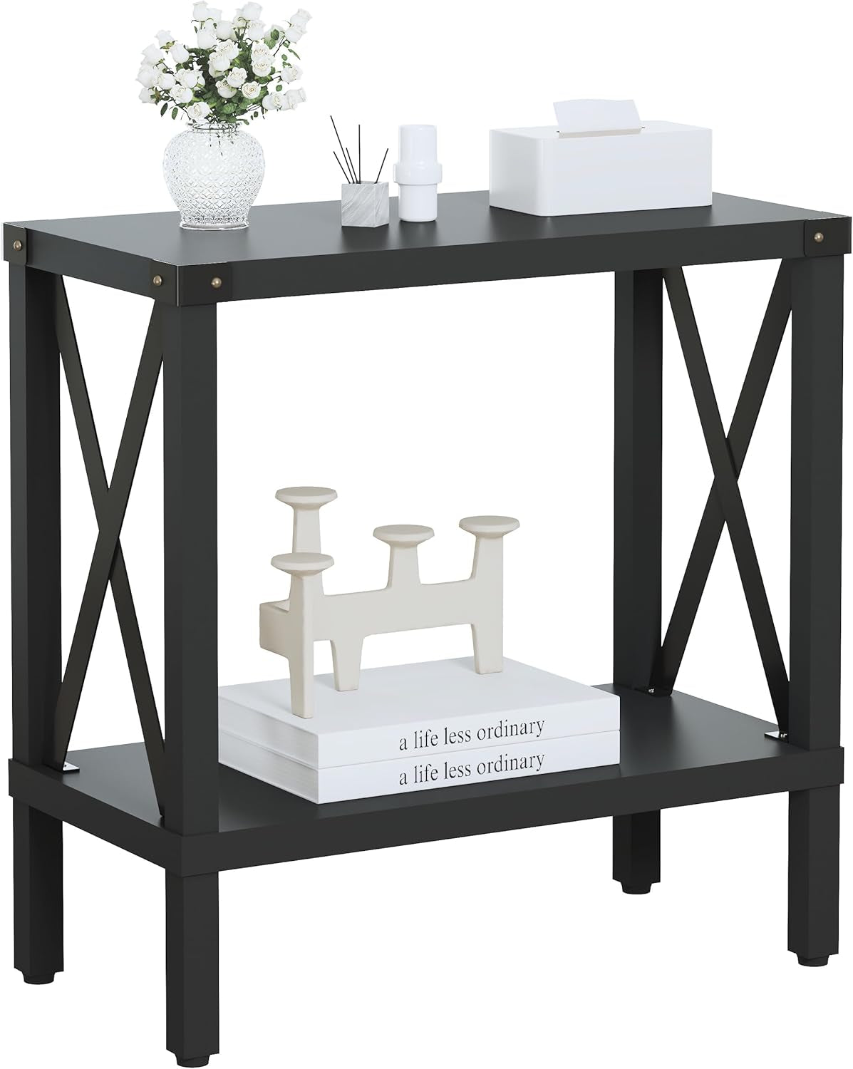 Narrow End Table, Large Sofa Side Table, Farmhouse Nightstand with Storage Shelve, Slim Bedside Table for Living, Room Bedroom, Lounge Black MLBZ17B