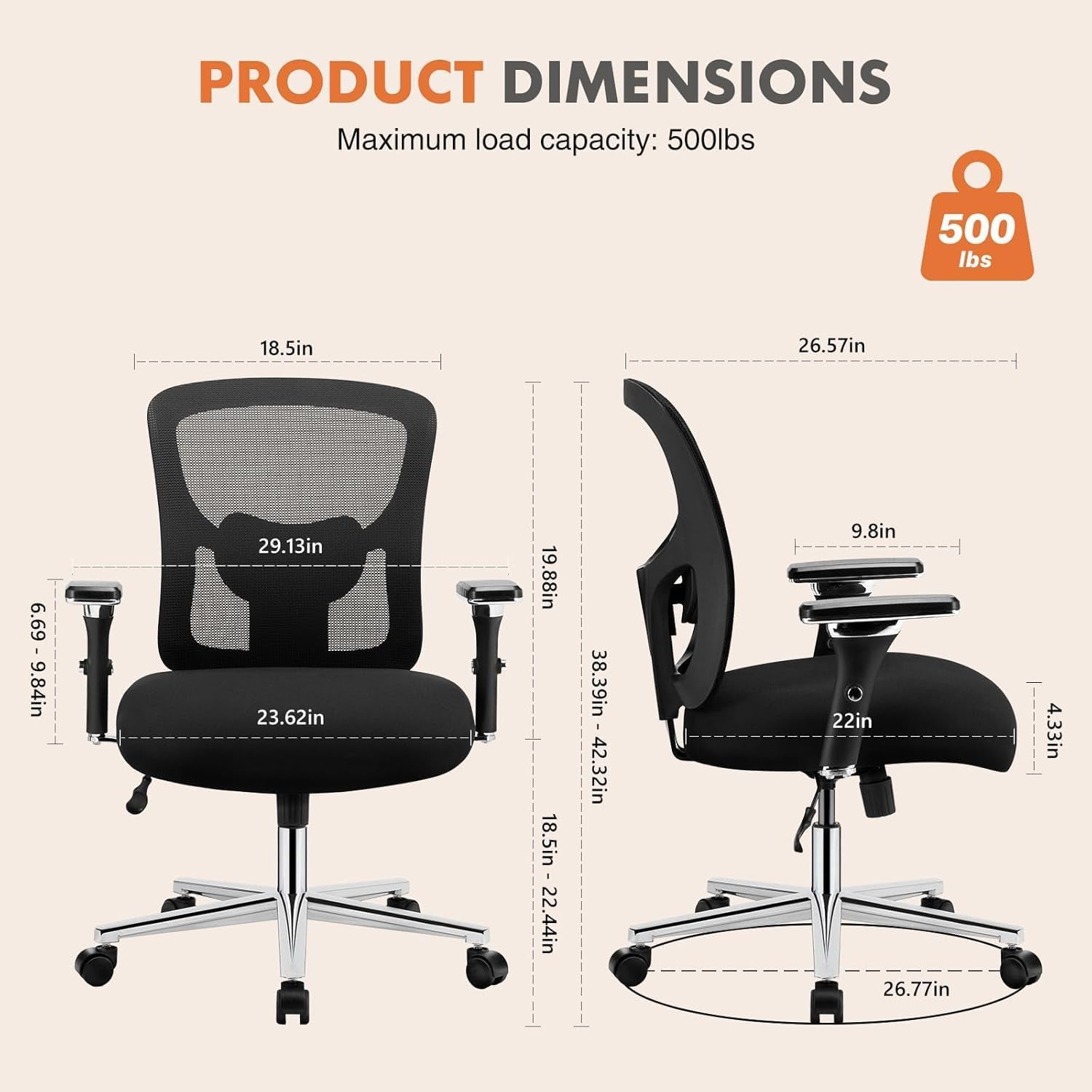 Big and Tall Office Desk Chair with Lumbar Support, 500Lbs Heavy Duty Mesh Ergonomic Computer Chair with 4D Armrest and Wide Comfy Seat, Wheels for Adult