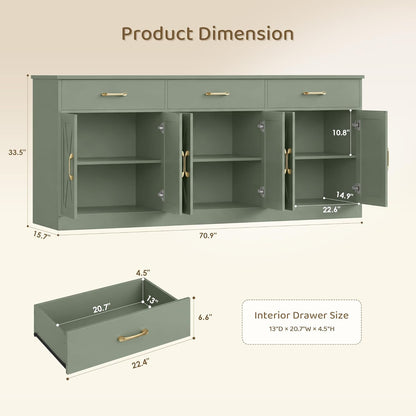 71" Large Sideboard Buffet Cabinet with Storage, Farmhouse Coffee Bar Cabinet with 3 Drawers, Long Kitchen Buffet Table, Kitchen Sideboard Storage Cabinet for Dining Room, Living Room, Green