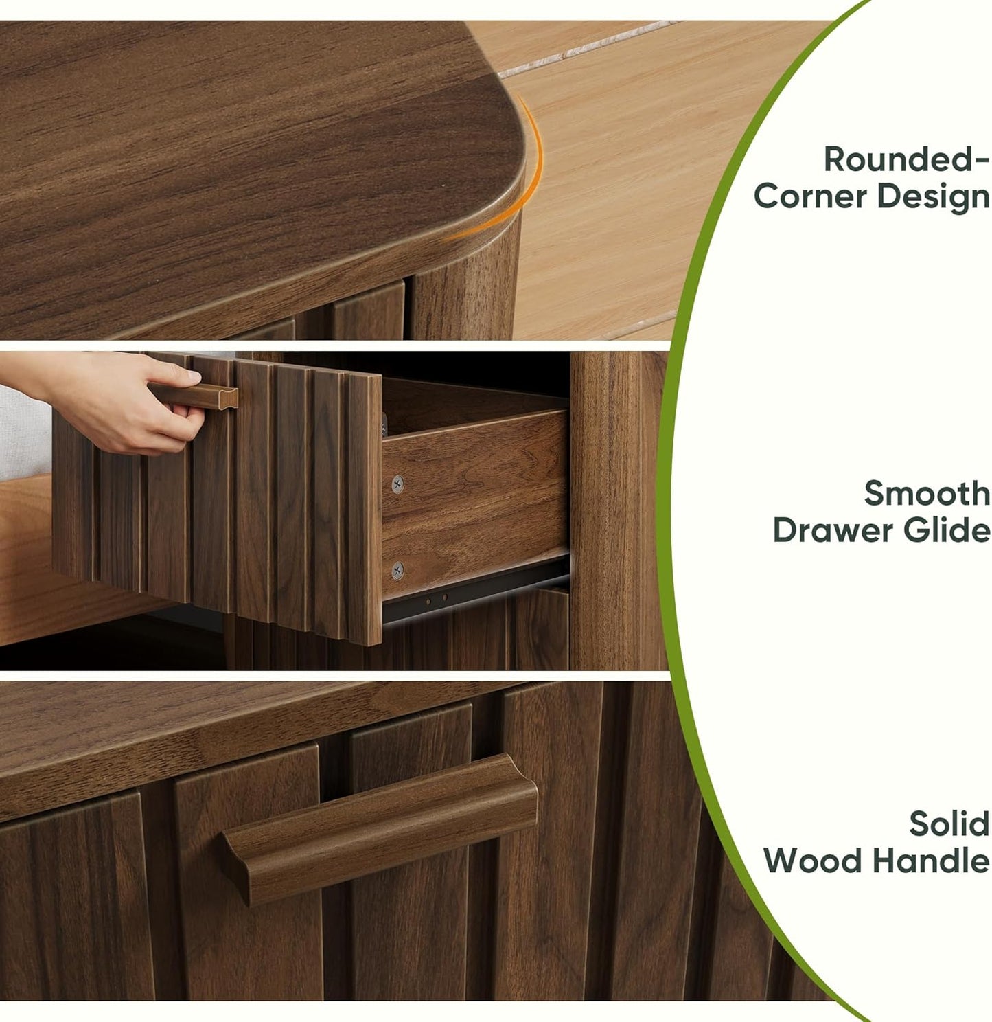 Mid Century Modern Nightstand with 2 Drawers, Fluted Design Bedside Table with Storage, Walnut Finish Night Stand for Bedroom, Study Room