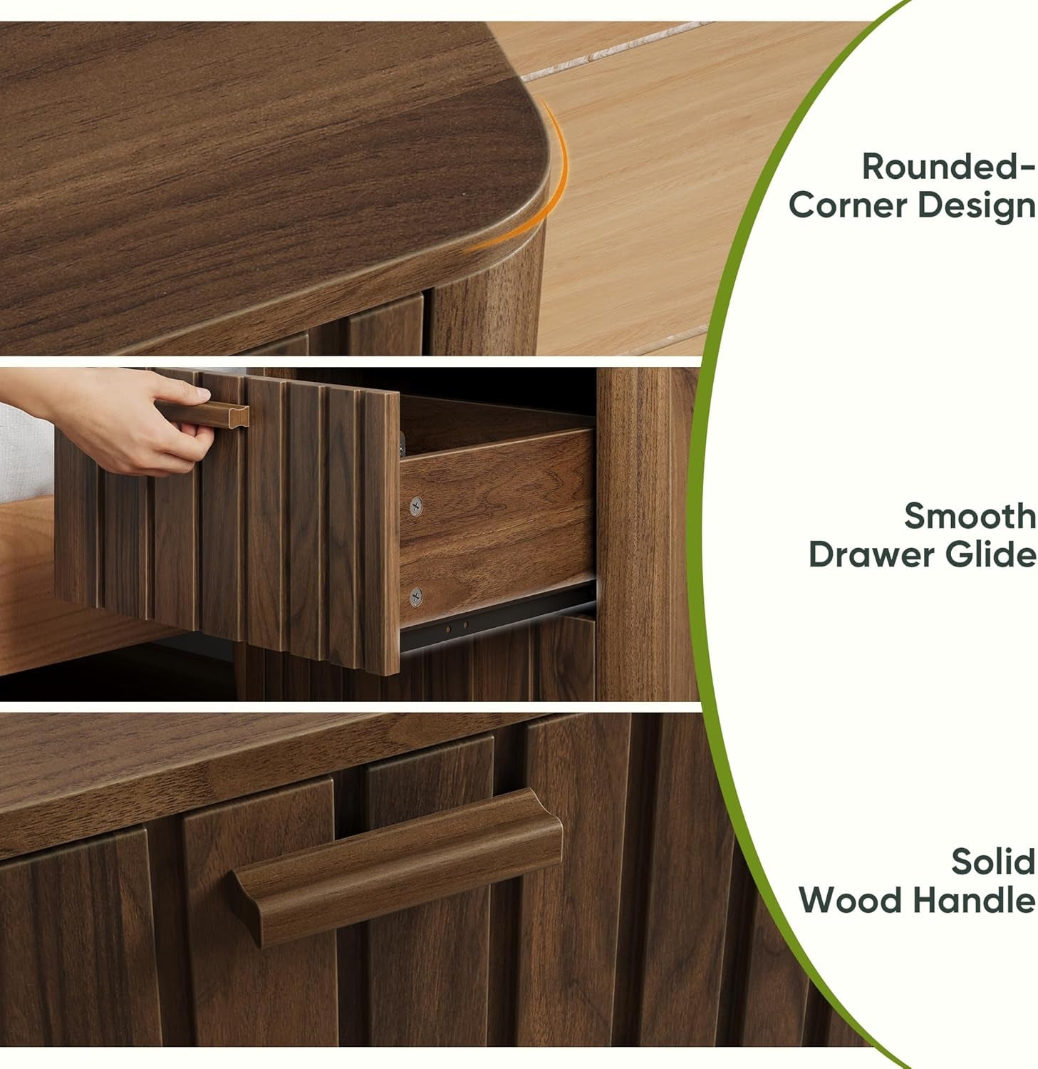 Mid Century Modern Nightstand with 2 Drawers, Fluted Design Bedside Table with Storage, Walnut Finish Night Stand for Bedroom, Study Room