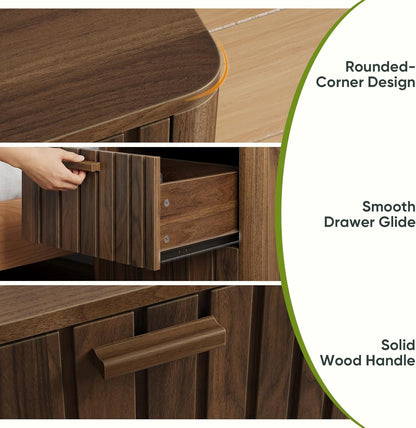 Mid Century Modern Nightstand with 2 Drawers, Fluted Design Bedside Table with Storage, Walnut Finish Night Stand for Bedroom, Study Room