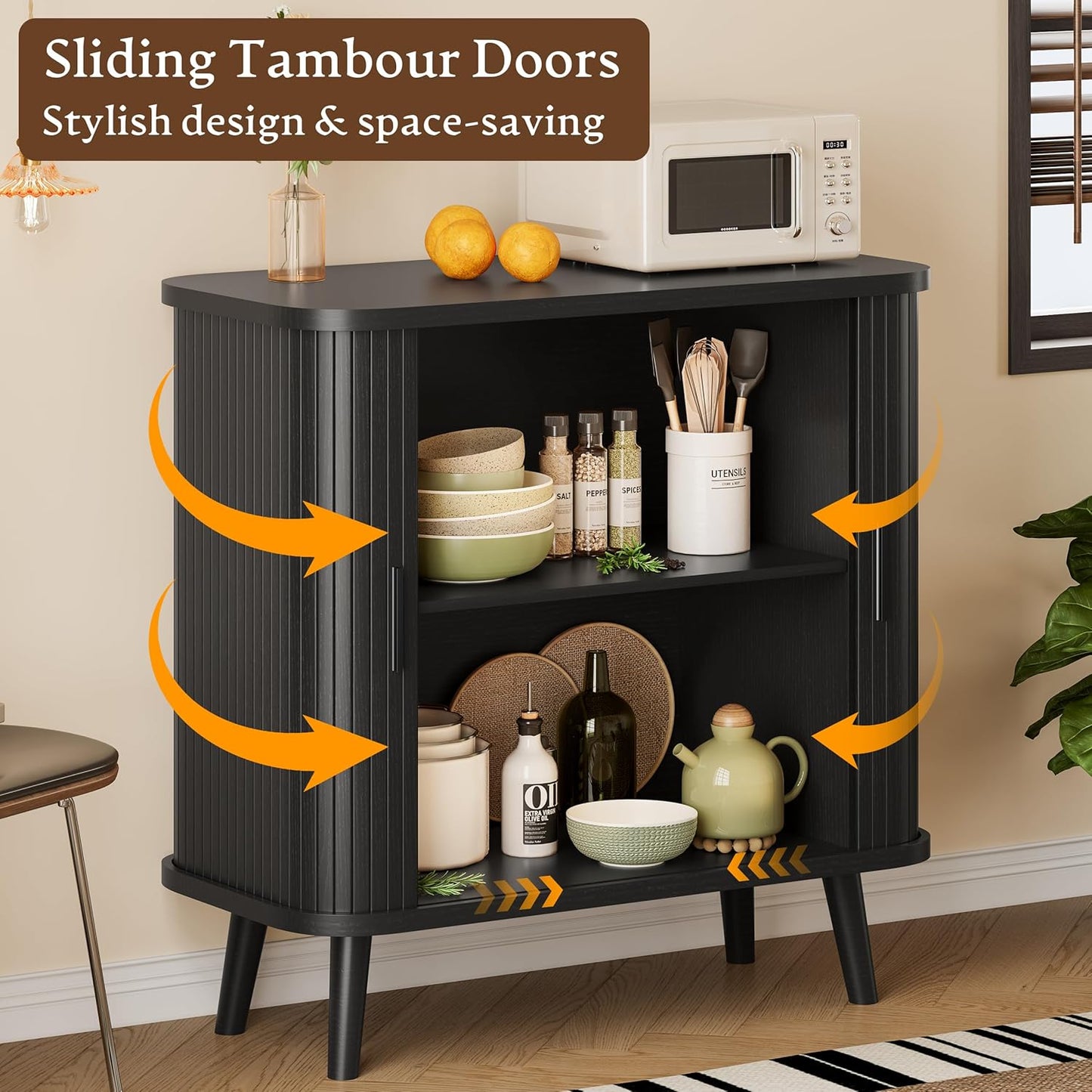 Sideboard Buffet Cabinet with Sliding Door, 31.5" Wide Fluted Modern Accent Storage Cabinet with Adjustable Shelves, Wood Coffee Bar Buffet Console Table for Kitchen, Dining Room, Living Room, Black