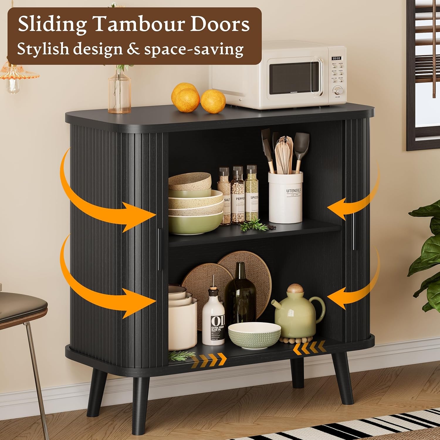 Sideboard Buffet Cabinet with Sliding Door, 31.5" Wide Fluted Modern Accent Storage Cabinet with Adjustable Shelves, Wood Coffee Bar Buffet Console Table for Kitchen, Dining Room, Living Room, Black