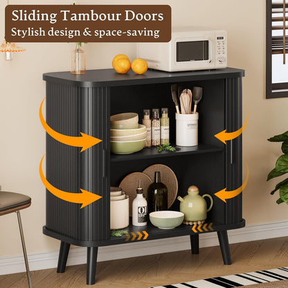 Sideboard Buffet Cabinet with Sliding Door, 31.5" Wide Fluted Modern Accent Storage Cabinet with Adjustable Shelves, Wood Coffee Bar Buffet Console Table for Kitchen, Dining Room, Living Room, Black
