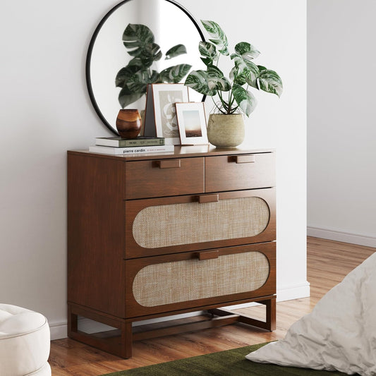Paxton Mid-Century Modern Dresser for Bedroom, 3-Drawer Dresser with Solid Wood Frame and Textilene Rattan Accent, Dark Walnut