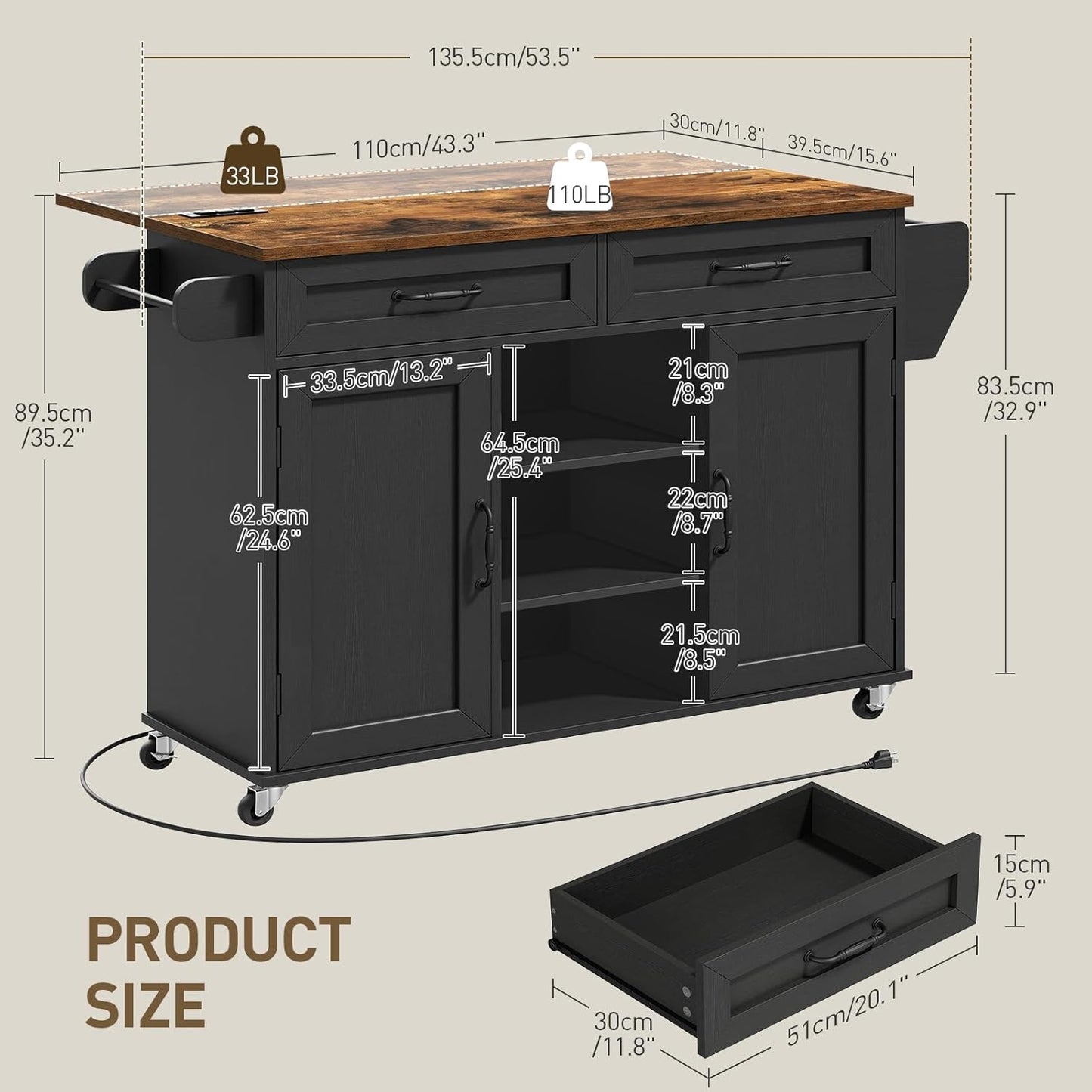 Kitchen Island with Power Outlets & Drop Leaf, Kitchen Cart with Storage, Drawer and Spice Rack, Tower Rack, Island Table, Black and Rustic Brown