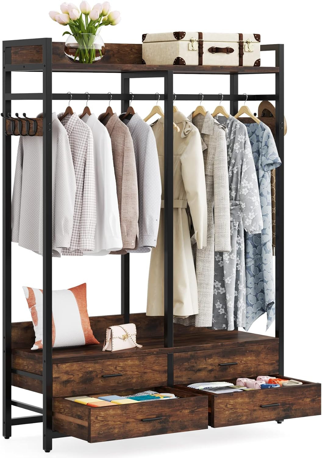 Freestanding Closet Organizer for Hanging Clothes, Heavy Duty Garment Rack with 4 Drawers, 8 Hooks and Storage Shelves, Wardrobe Closet Clothing Rack for Bedroom, Living Room, Rustic Brown