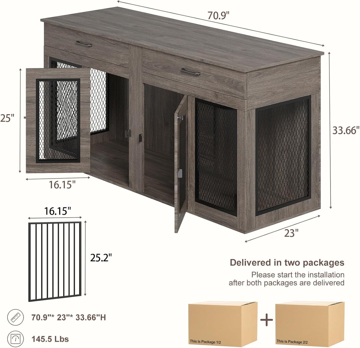 70.9 Inch Double Dog Crate Furniture with Drawers, Wooden Large Dog Kennel TV Stand with Divider and Double Doors, 70.9"* 23.6"* 33.5"H, (Wash Grey)