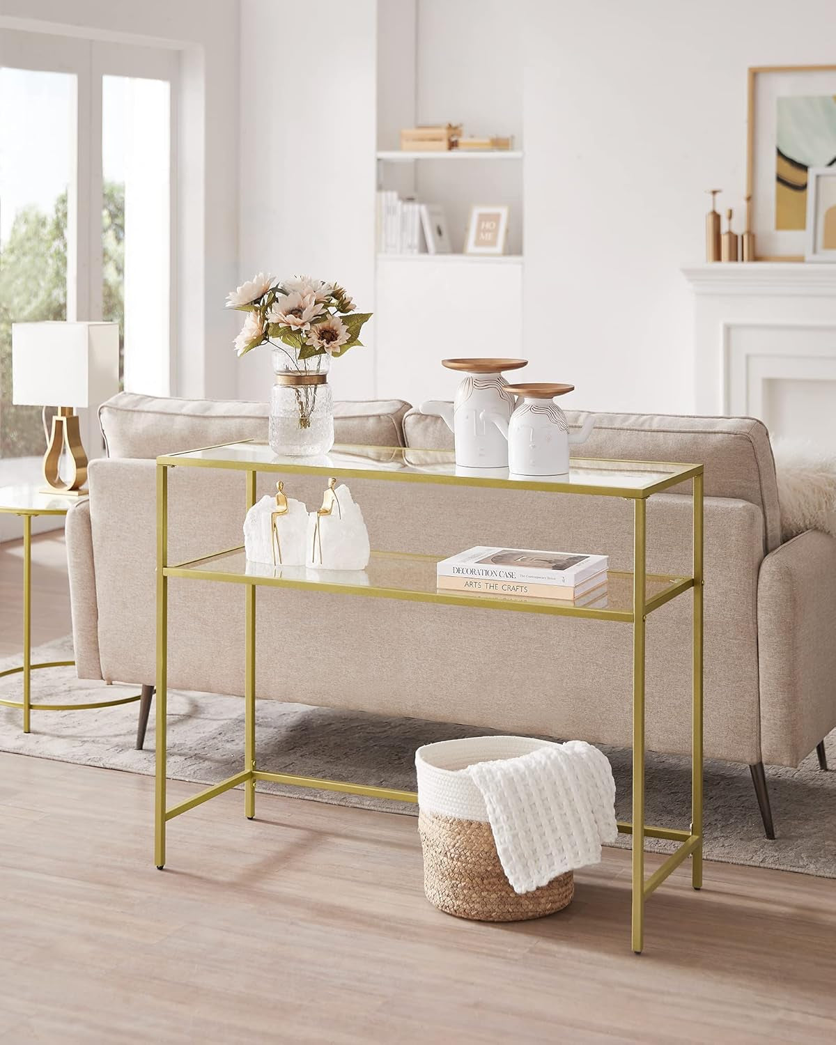 39.4 Inch Console Sofa Table, Modern Entryway Table, Tempered Glass Table, Metal Frame, 2 Shelves, Adjustable Feet, for Living Room, Hallway, Gold Color ULGT025A01