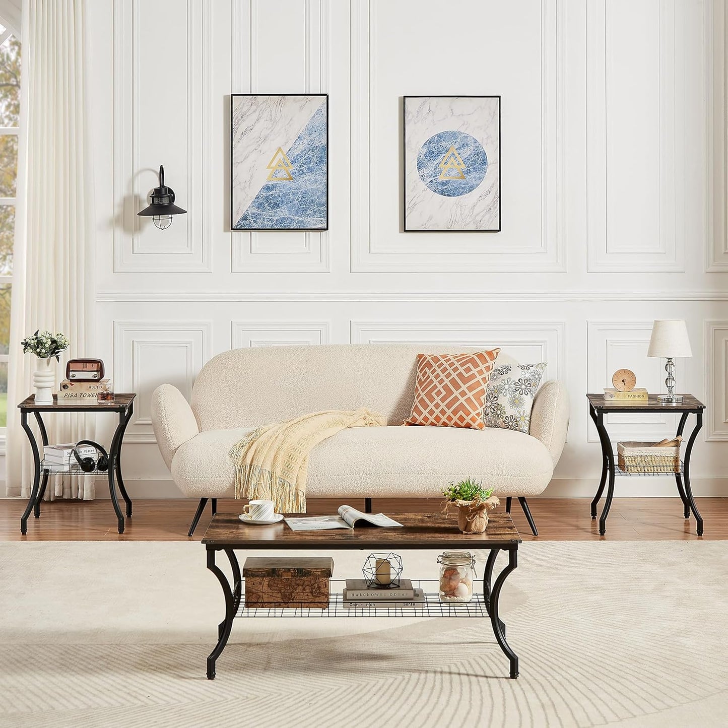 3 Pieces Living Room Table Sets, Coffee and End Tables with Open Storage Shelves for Apartment, Home Office, Small Space, Easy Assembly, Brown