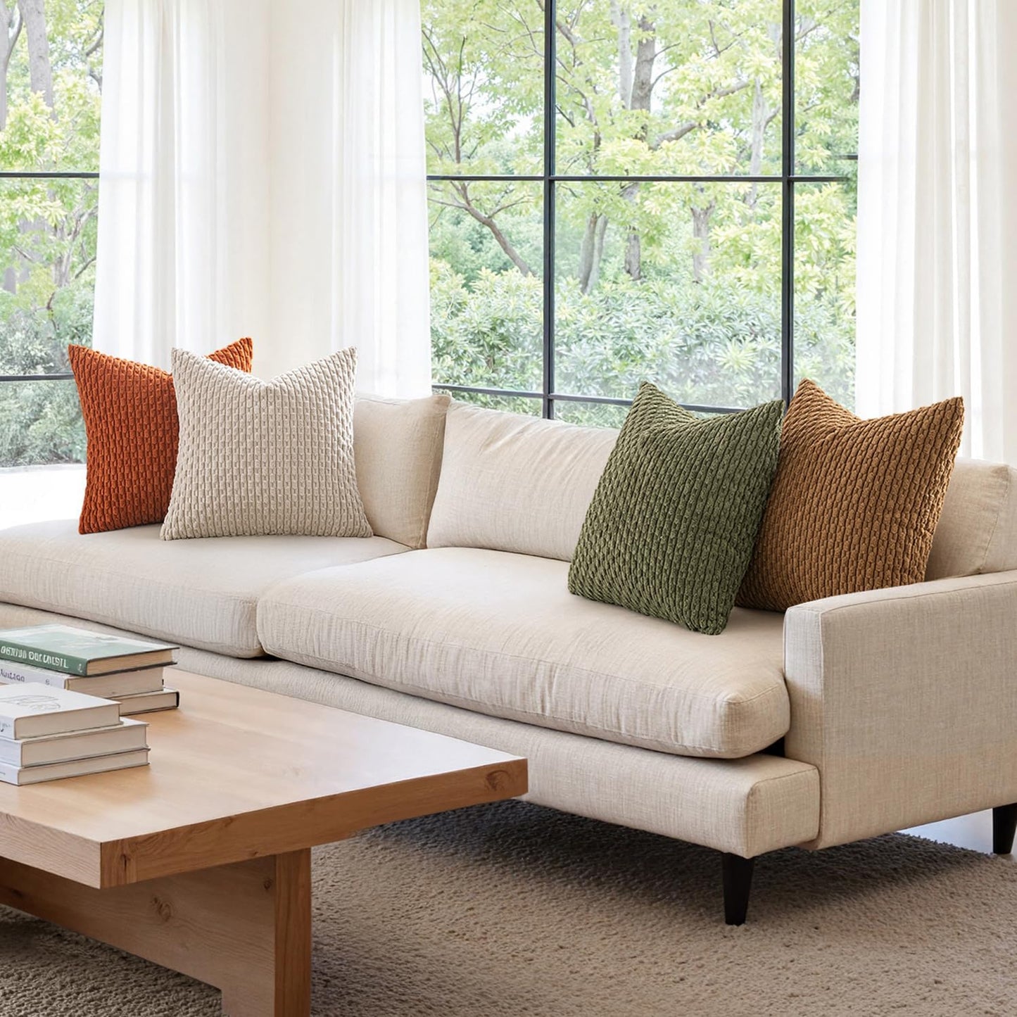 Fall Throw Pillow Covers Soft Couch Decorative Set of 4 Boho Striped Cushion Covers Corduroy Pillowcases Farmhouse Home Decor for Couch Bed Sofa Living Room 18X18 Inch Camel Green