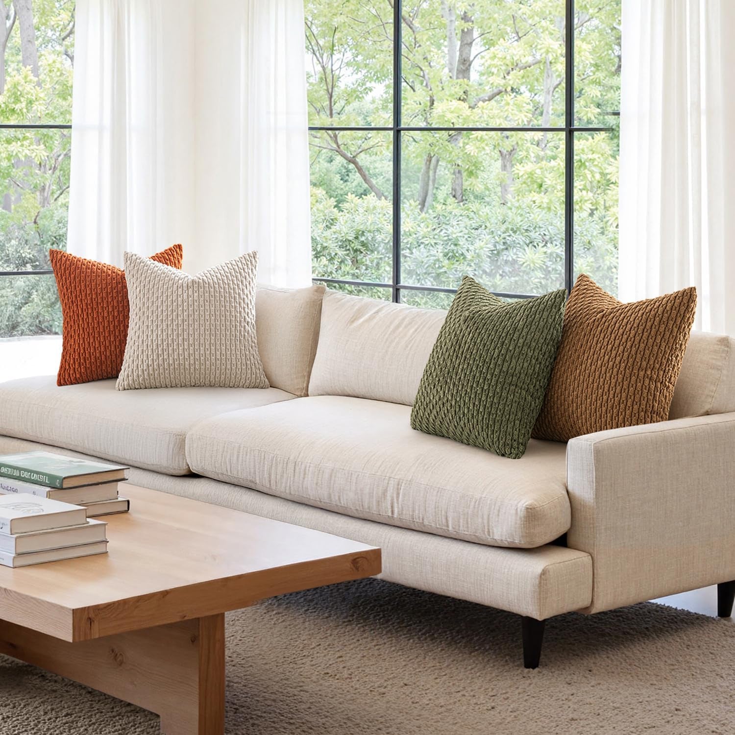 Fall Throw Pillow Covers Soft Couch Decorative Set of 4 Boho Striped Cushion Covers Corduroy Pillowcases Farmhouse Home Decor for Couch Bed Sofa Living Room 18X18 Inch Camel Green