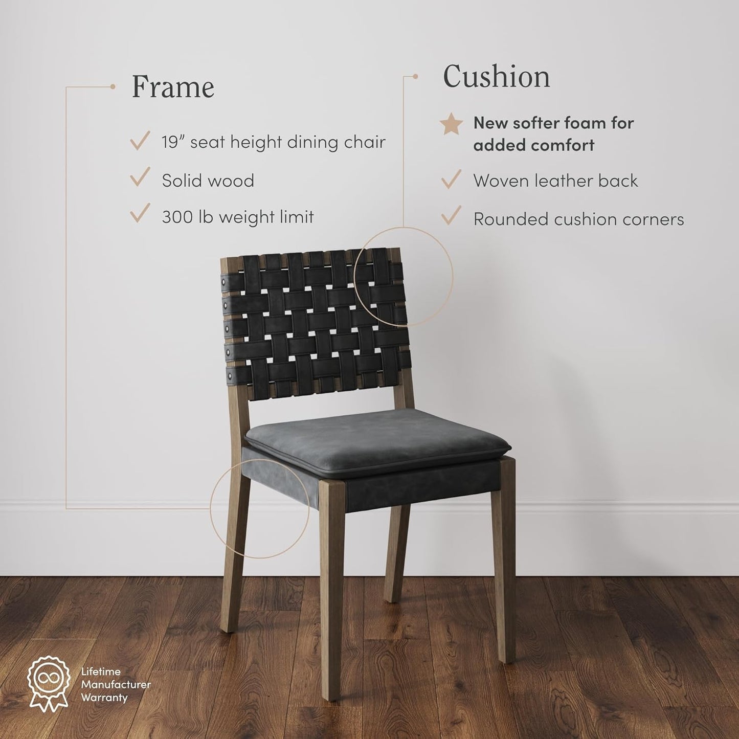 Cohen 19 In. Wood Dining Chair, Mid-Century Modern Upholstered Side Chair with Hand Woven Faux Leather Backrest, Black