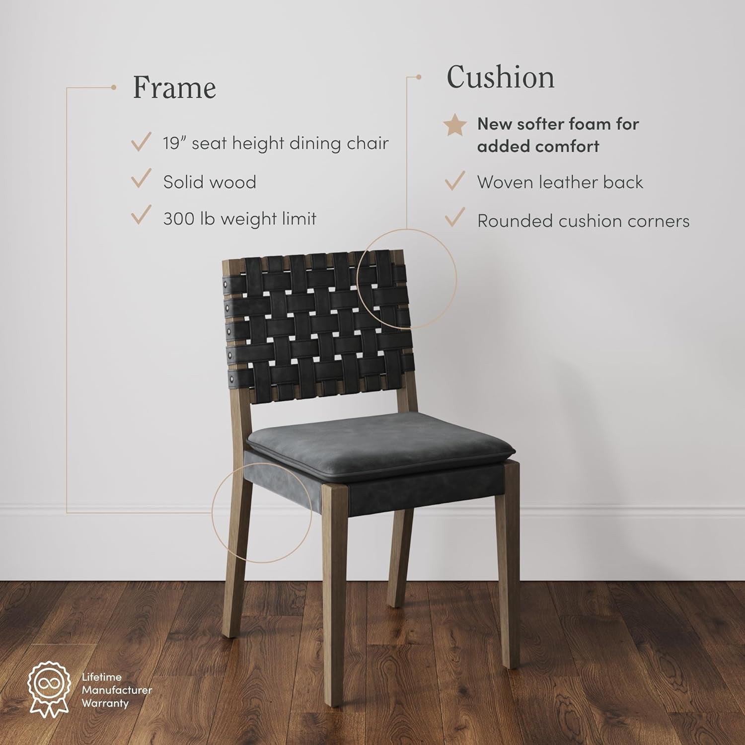 Cohen 19 In. Wood Dining Chair, Mid-Century Modern Upholstered Side Chair with Hand Woven Faux Leather Backrest, Black