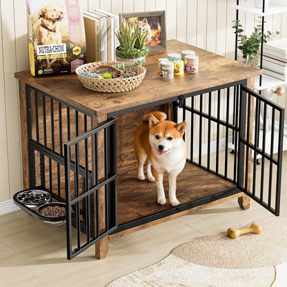 Dog Crate Furniture, Wooden Dog Kennel Indoor with Adjustable 360°& Height Dog Bowls, Double Doors Furniture Dog Crates End Table for Small/Medium 31.5" L*22.5" W*25.6" H, Brown