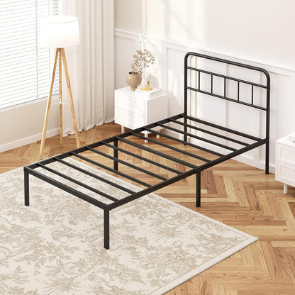12 Inches Twin Size Bed Frame with Minimalist Headboard,Metal Platform Base with Strong Metal Slats,Mattress Foundation for under Bed Storage,Easy Assembly,Black